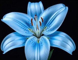 A vibrant, light-blue lily blossom, speckled with darker blue dots, stands out against a stark black background.  Its petals are smooth and elegantly curved