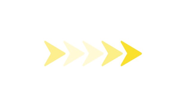 Five yellow arrows progressing from dark to light on a white background direction forward