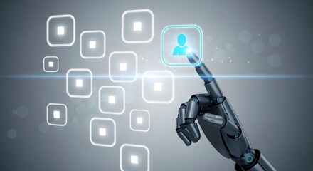 A robotic hand touches a glowing icon with human figure surrounded by other glowing icons squares