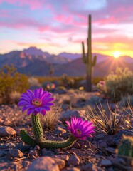 Vibrant purple desert blooms at sunset, backlit by the sun, nestled amongst rocks and cacti against a mountain range
