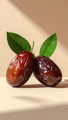 Two ripe, dark brown dates with vibrant green leaves rest on a pale beige surface, bathed in soft sunlight