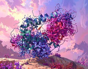 Artistic rendering of a complex protein molecule against a vibrant sunset landscape