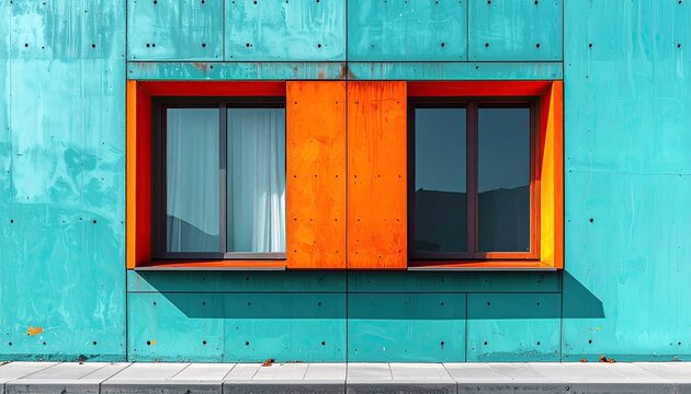 Teal textured wall with two rectangular windows in vibrant orange frames, casting shadows