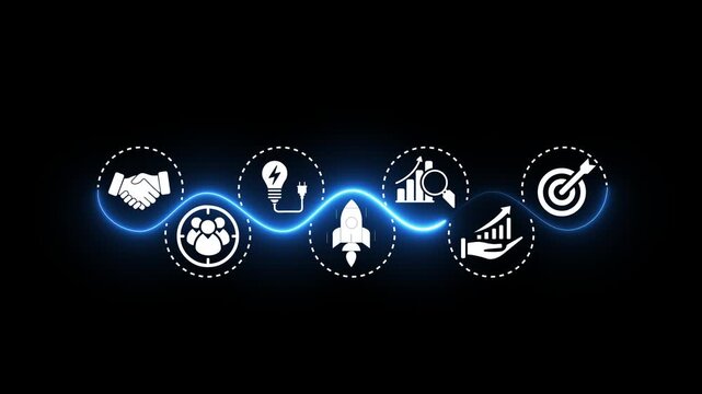 Business strategy concept on the transparent background.  Representing business strategy elements; teamwork, partnership, innovation and technology. Motion graphics of  business goal achievement.