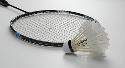 A badminton shuttlecock and racket placed on a white surface with a simple white background