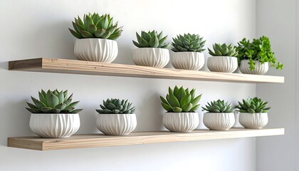 Succulents in white pots on wooden shelves