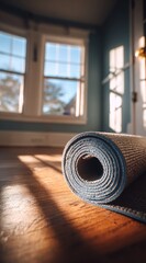 A rolled-up yoga mat rests on a wooden floor, bathed in sunlight streaming through a window.
