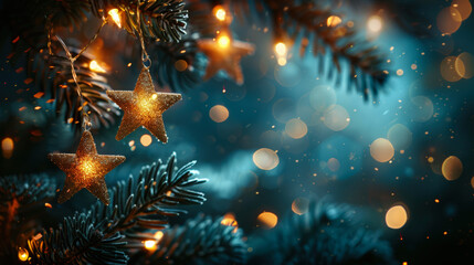 Christmas lights. Golden stars string hanging at fir branches in navy defocused background. Holiday card. Copy space for text.