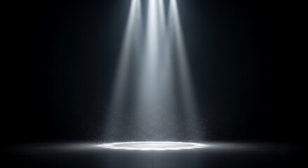 Three bright white spotlights illuminating a circular stage with floating dust particles in a dark, atmospheric void