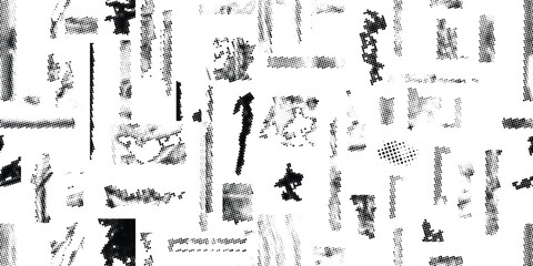 Glitch distorted grungy abstract forms . Halftone dots seamless pattern texture. Grange shapes .Grunge textured . Vector shapes with half tone dots .Screen print endless pattern texture