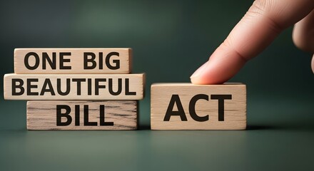 Finger pushing wooden block act to join one big beautiful bill stack