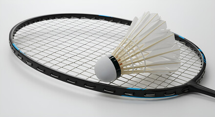 A badminton shuttlecock and racket placed on a white surface with a simple white background