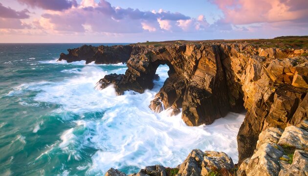 Dramatic coastal archway at sunrise - Powered by Adobe