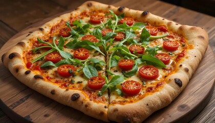 A classic Italian-style square pizza topped with peppery arugula and juicy ripe tomatoes, served on a rustic wooden board. 