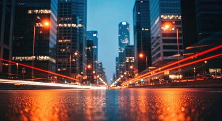 Obraz premium Dynamic Urban Night Scene with Light Trails and Wet Road Reflections, Conveying Speed and Modern City Life