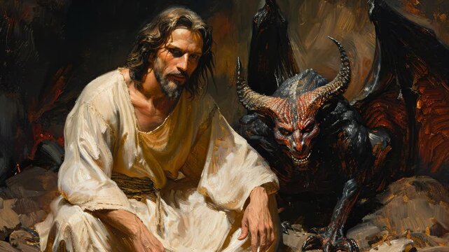 Biblical desert moment: Christ endurance, satan temptation, divine word, holy conflict, gospel narrative, New Testament tale, spiritual proof, faith victory, forty day, sacred lesson, eternal covenant
