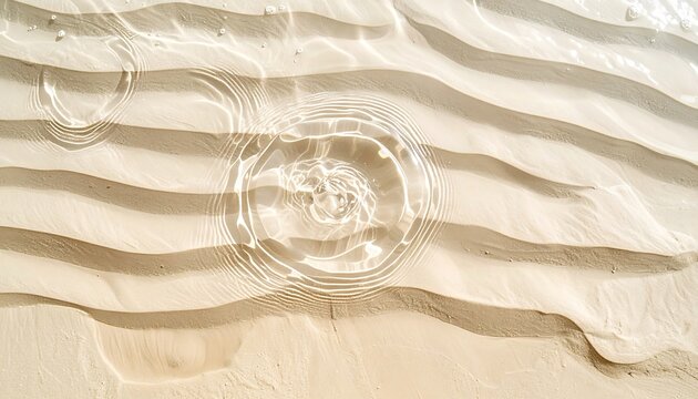 Shallow, clear water ripples over pale sand, creating concentric circles and textured waves under sunlight - Powered by Adobe