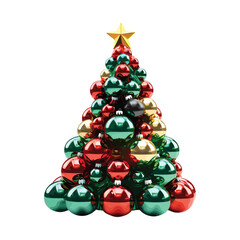 A colorful Christmas tree decorated with festive balls, a shining star, and wrapped gifts celebrates the winter holiday season