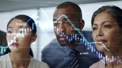 A diverse team of business professionals collaborates on financial strategy, analyzing glowing stock market data on a futuristic interface - Powered by Adobe