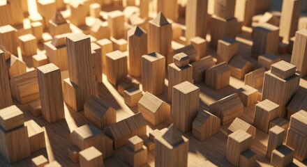 Wooden Cityscape Model with Small and Tall Blocks in Natural Light for Urban Planning or Architecture
