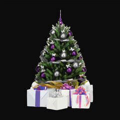 Decorated Christmas tree with holiday gifts and ornaments for the season celebration