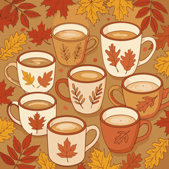 Obraz premium Autumnal coffee mugs with decorative leaves displayed on a neutral backdrop. Warm, inviting autumnal beverage with leaf patterns.