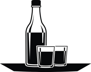 Black and white illustration of a bottle and two glasses isolated on white background drink concept