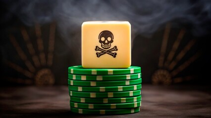 Gambling chips stacked high with a poison skull symbol on top, capturing the essence of risk and danger in a casino setting