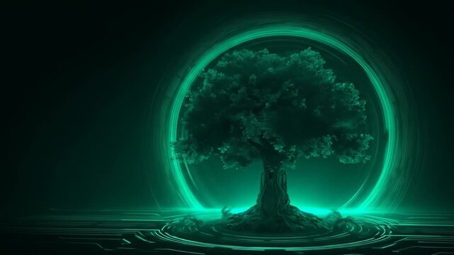 A glowing tree within a bright, layered ring on a grid background