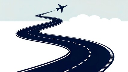 Winding road leads to the sky with an airplane soaring above in a serene environment