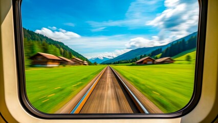 Scenic view of mountains and fields from a train window during a sunny day in the countryside