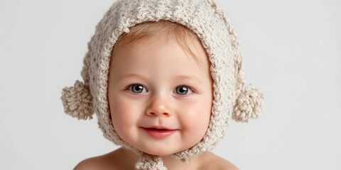 A cheerful baby smiles joyfully while wearing a cozy knitted hat, evoking warmth and innocence.