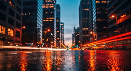 Obraz premium Dynamic City Nightscape with Motion Blur Light Trails and Wet Road Reflections