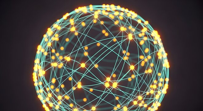 Glowing sphere with interconnected lines and nodes on a dark background digital representation