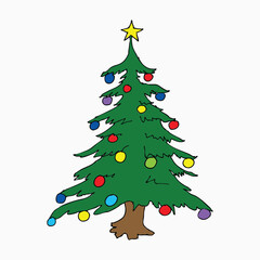 Festive Christmas tree decoration with star and ball ornaments, isolated on a white background for the winter holiday season