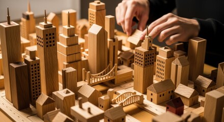 Wooden Cityscape Model with Hand Building Miniature Structures in Indoor Setting