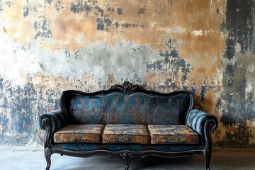 An antique velvet sofa sits elegantly against a rustic textured wall rich jewel tones and aged beauty