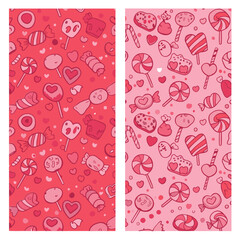 Valentine's Day candy pattern with varying shades of pink and red. Charming, whimsical design features various types of candy and sweets against a backdrop of scattered hearts.