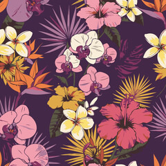 Tropical flower pattern with vibrant colors and detailed line art. Colorful botanical illustration with various tropical flowers and leaves on a deep purple background.