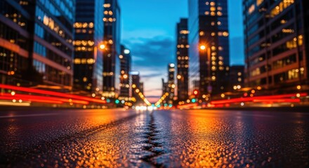 Obraz premium Blurred Urban Cityscape at Night with Dynamic Car Light Trails and Wet Street Reflections