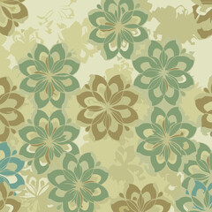 Abstract floral pattern with muted tones of green, brown, and beige. Delicate, stylized flowers in a repeating design create a soft, natural backdrop.