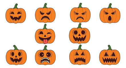 Collection of various Halloween pumpkin faces with different expressions and carved designs.