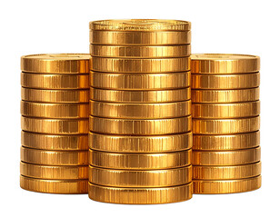  Shiny Gold Coins Stacked in Neat Tower, Front View, Isolated on Transparent Background