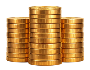  Shiny Gold Coins Stacked in Neat Tower, Front View, Isolated on Transparent Background