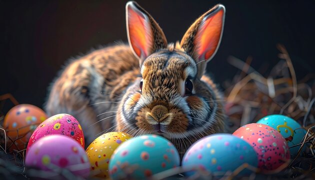 A brown rabbit sits amidst colorful Easter eggs nestled in a straw nest against a dark background.  Its large ears are erect, and it gazes directly at the viewer