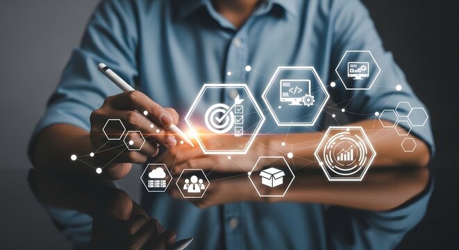 Person using digital pen with glowing digital icons floating around in a dark environment