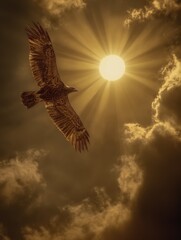 Majestic eagle soars through a golden sky, bathed in the radiant sunlight.
