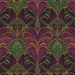 Purple and green art deco floral pattern with gold accents. Seamless repeating design with decorative flourishes.