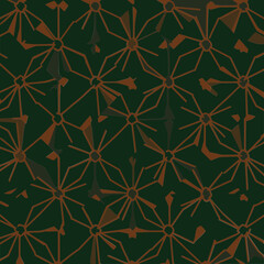 Abstract geometric pattern in dark green and burnt orange. Intricate, repeating design with a stellate, radiating motif.