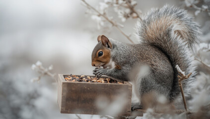 Fototapeta premium A squirrel eats from an artificial bird feeder in winter.